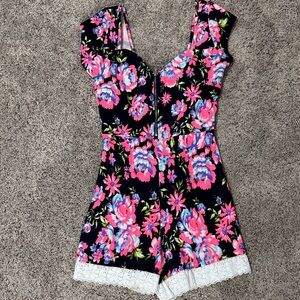 Modern Vintage Black Floral Lace-Hem Romper with Pink & Blue Blooms